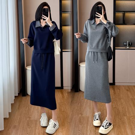 韩系大码减龄休闲显瘦运动套装裙女秋冬宽松卫衣百搭两件套裙 服裝批發女裝批發服飾貨源