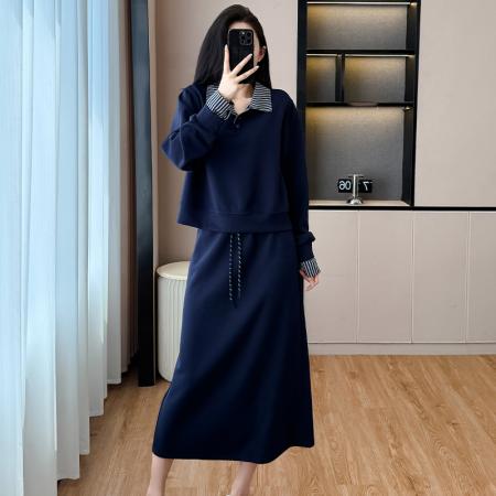 韩系大码减龄休闲显瘦运动套装裙女秋冬宽松卫衣百搭两件套裙 服裝批發女裝批發服飾貨源