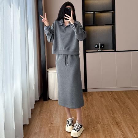 韩系大码减龄休闲显瘦运动套装裙女秋冬宽松卫衣百搭两件套裙 服裝批發女裝批發服飾貨源