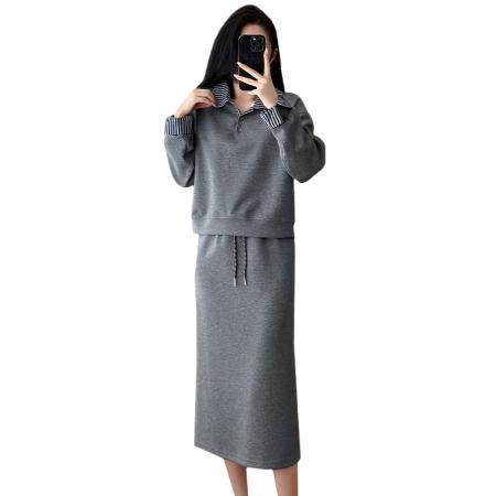 韩系大码减龄休闲显瘦运动套装裙女秋冬宽松卫衣百搭两件套裙 服裝批發女裝批發服飾貨源
