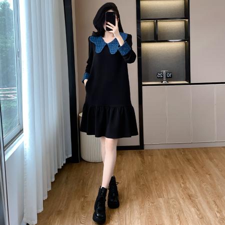 高端精致撞色拼接娃娃领长袖连衣裙秋冬气质减龄显瘦荷叶边裙百搭 服裝批發女裝批發服飾貨源