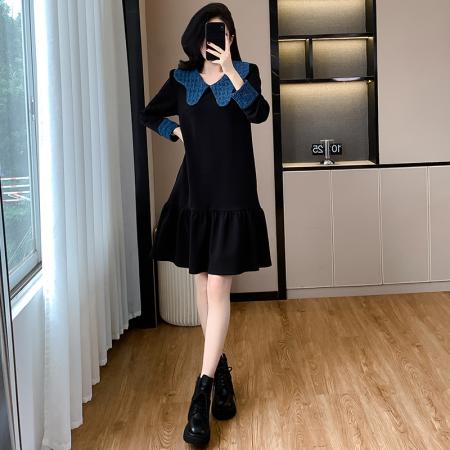 高端精致撞色拼接娃娃领长袖连衣裙秋冬气质减龄显瘦荷叶边裙百搭 服裝批發女裝批發服飾貨源