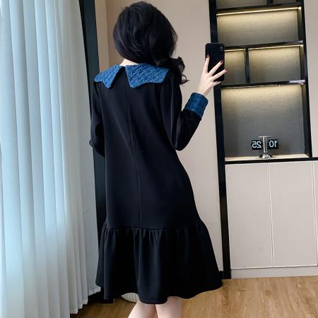 高端精致撞色拼接娃娃领长袖连衣裙秋冬气质减龄显瘦荷叶边裙百搭 服裝批發女裝批發服飾貨源