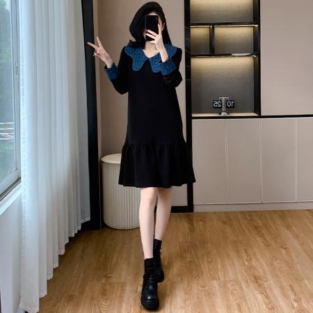 高端精致撞色拼接娃娃领长袖连衣裙秋冬气质减龄显瘦荷叶边裙百搭 服裝批發女裝批發服飾貨源