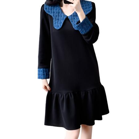 高端精致撞色拼接娃娃领长袖连衣裙秋冬气质减龄显瘦荷叶边裙百搭 服裝批發女裝批發服飾貨源