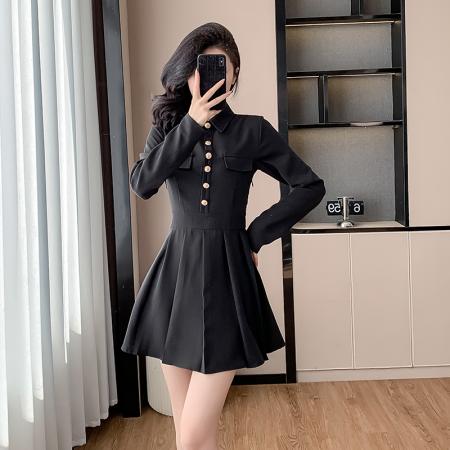 春秋装新款收腰显瘦气质法式设计单排扣Polo领百褶连衣裙 服裝批發女裝批發服飾貨源