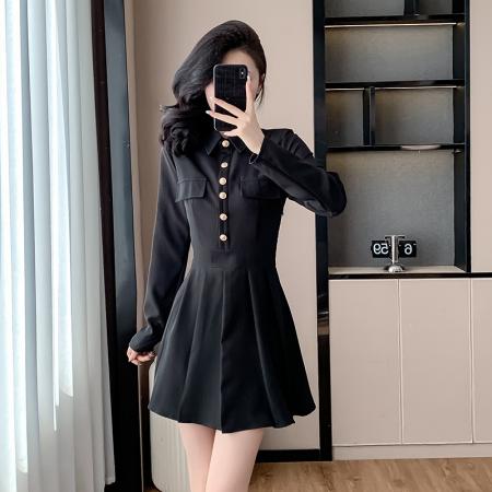 春秋装新款收腰显瘦气质法式设计单排扣Polo领百褶连衣裙 服裝批發女裝批發服飾貨源