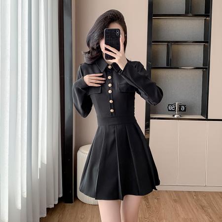 春秋装新款收腰显瘦气质法式设计单排扣Polo领百褶连衣裙 服裝批發女裝批發服飾貨源