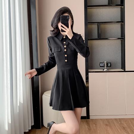 春秋装新款收腰显瘦气质法式设计单排扣Polo领百褶连衣裙 服裝批發女裝批發服飾貨源