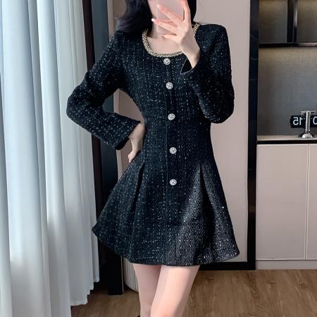 法式赫本小香风高级感圆领长袖黑色毛呢连衣裙内搭女短款裙子 服裝批發女裝批發服飾貨源