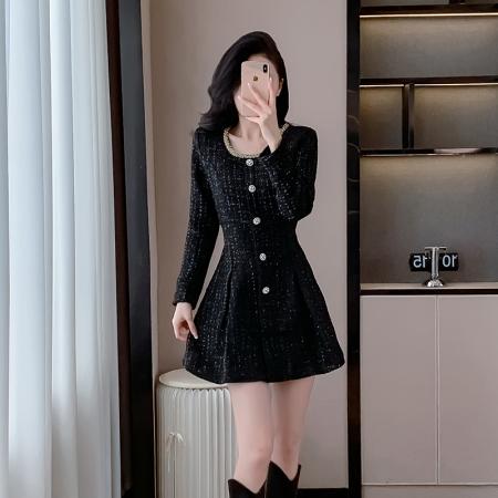 法式赫本小香风高级感圆领长袖黑色毛呢连衣裙内搭女短款裙子 服裝批發女裝批發服飾貨源