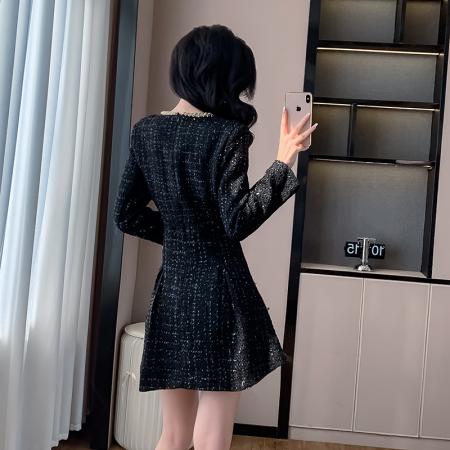 法式赫本小香风高级感圆领长袖黑色毛呢连衣裙内搭女短款裙子 服裝批發女裝批發服飾貨源