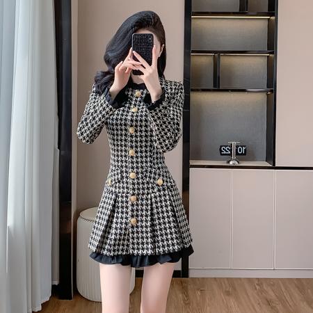 秋冬新款法式气质小香风收腰显瘦高级感小个子千鸟格连衣裙女 服裝批發女裝批發服飾貨源