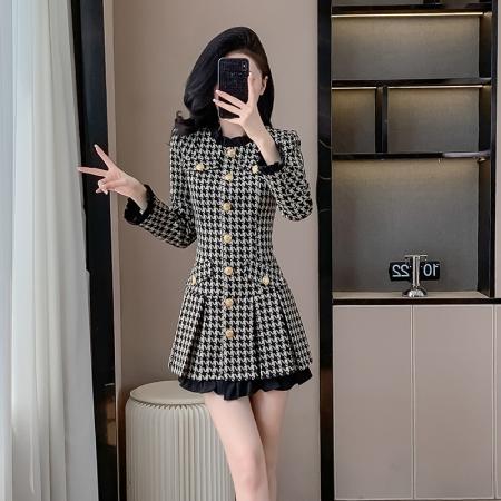 秋冬新款法式气质小香风收腰显瘦高级感小个子千鸟格连衣裙女 服裝批發女裝批發服飾貨源