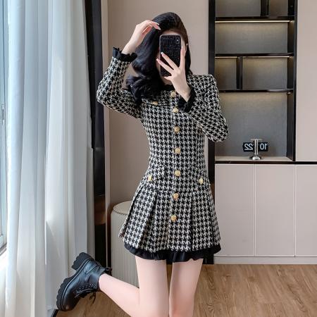 秋冬新款法式气质小香风收腰显瘦高级感小个子千鸟格连衣裙女 服裝批發女裝批發服飾貨源