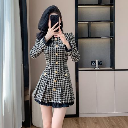 秋冬新款法式气质小香风收腰显瘦高级感小个子千鸟格连衣裙女 服裝批發女裝批發服飾貨源