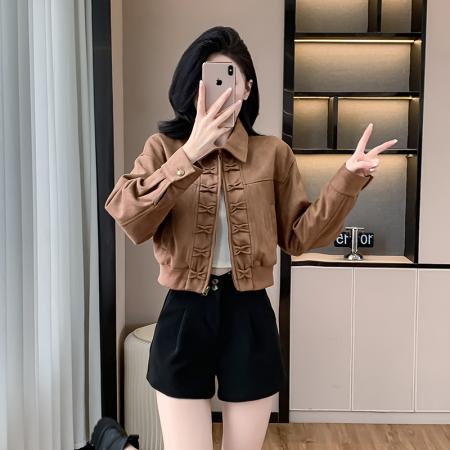 翻领复古港风短外套女夹克休闲秋季新款女装麂皮绒上衣女 服裝批發女裝批發服飾貨源