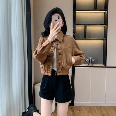 翻领复古港风短外套女夹克休闲秋季新款女装麂皮绒上衣女 服裝批發女裝批發服飾貨源