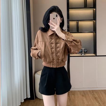 翻领复古港风短外套女夹克休闲秋季新款女装麂皮绒上衣女 服裝批發女裝批發服飾貨源