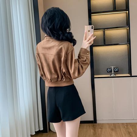 翻领复古港风短外套女夹克休闲秋季新款女装麂皮绒上衣女 服裝批發女裝批發服飾貨源