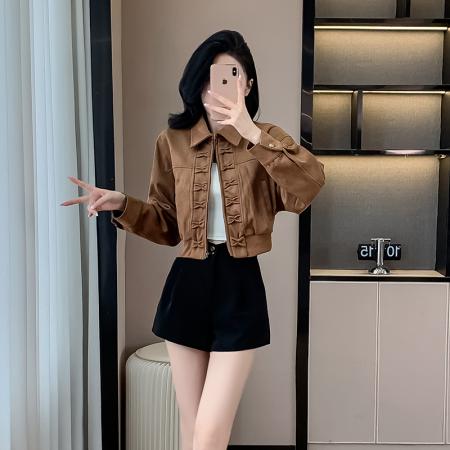 翻领复古港风短外套女夹克休闲秋季新款女装麂皮绒上衣女 服裝批發女裝批發服飾貨源