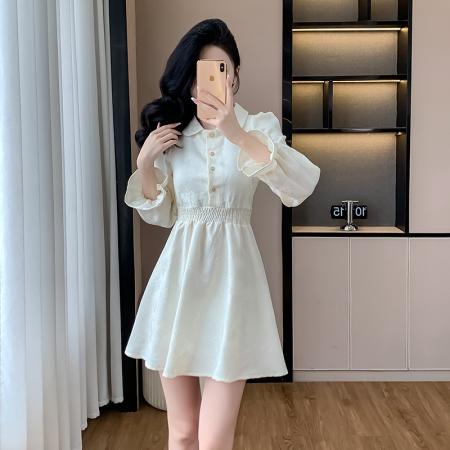 森系温柔风泡泡袖polo领裙子法式雪纺收腰显瘦连衣裙女潮 服裝批發女裝批發服飾貨源