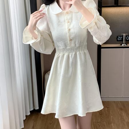 森系温柔风泡泡袖polo领裙子法式雪纺收腰显瘦连衣裙女潮 服裝批發女裝批發服飾貨源