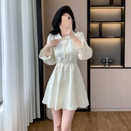 森系温柔风泡泡袖polo领裙子法式雪纺收腰显瘦连衣裙女潮 服裝批發女裝批發服飾貨源