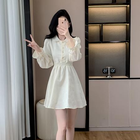 森系温柔风泡泡袖polo领裙子法式雪纺收腰显瘦连衣裙女潮 服裝批發女裝批發服飾貨源