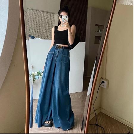 LN76339# 裤裙设计感毛边阔腿牛仔裤夏季薄款宽松垂感拖地裤