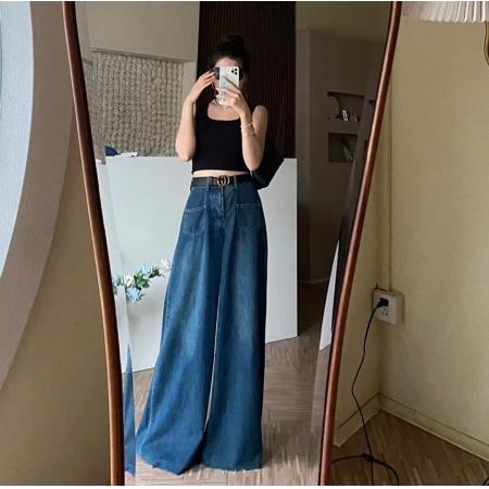 LN76339# 裤裙设计感毛边阔腿牛仔裤夏季薄款宽松垂感拖地裤