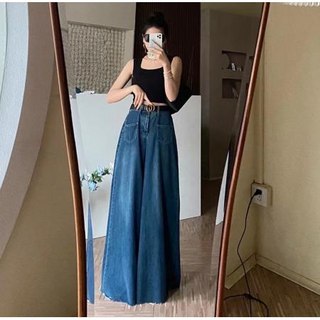 LN76339# 裤裙设计感毛边阔腿牛仔裤夏季薄款宽松垂感拖地裤