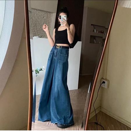 LN76339# 裤裙设计感毛边阔腿牛仔裤夏季薄款宽松垂感拖地裤