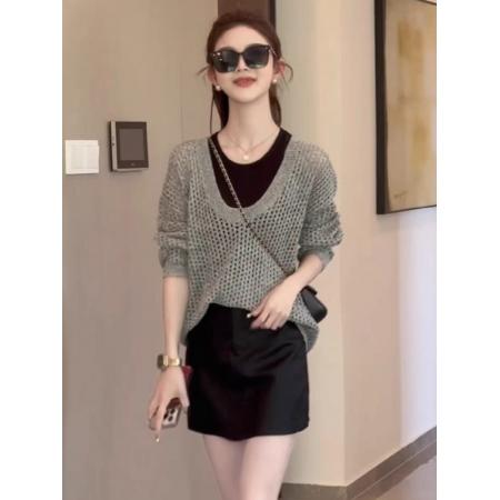 LN76340# 复古镂空后背绑带圆领长袖针织衫女秋季新款时尚休闲显瘦打底上衣