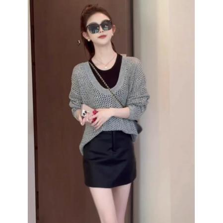 LN76340# 复古镂空后背绑带圆领长袖针织衫女秋季新款时尚休闲显瘦打底上衣