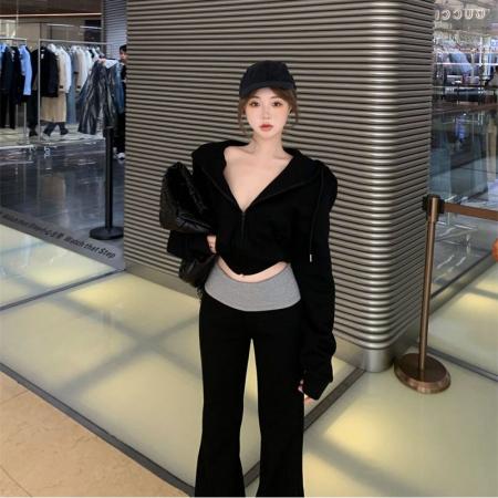 FA45754# 辣妹运动风连帽拉链长袖休闲卫衣外套上衣女撞色微喇拖地裤一整套 服裝批發女裝批發服飾貨源