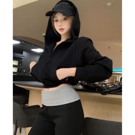 FA45754# 辣妹运动风连帽拉链长袖休闲卫衣外套上衣女撞色微喇拖地裤一整套 服裝批發女裝批發服飾貨源