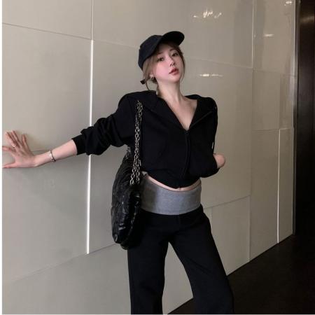 FA45754# 辣妹运动风连帽拉链长袖休闲卫衣外套上衣女撞色微喇拖地裤一整套 服裝批發女裝批發服飾貨源