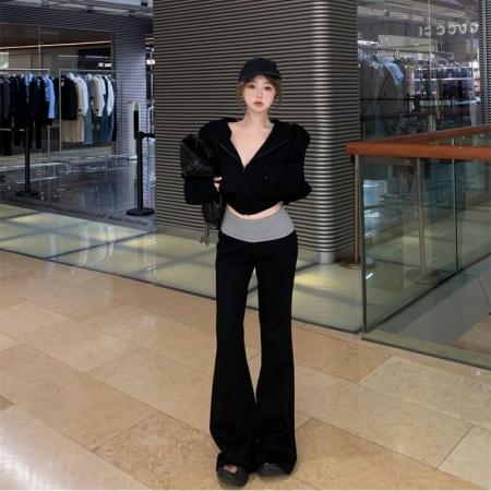 FA45754# 辣妹运动风连帽拉链长袖休闲卫衣外套上衣女撞色微喇拖地裤一整套 服裝批發女裝批發服飾貨源