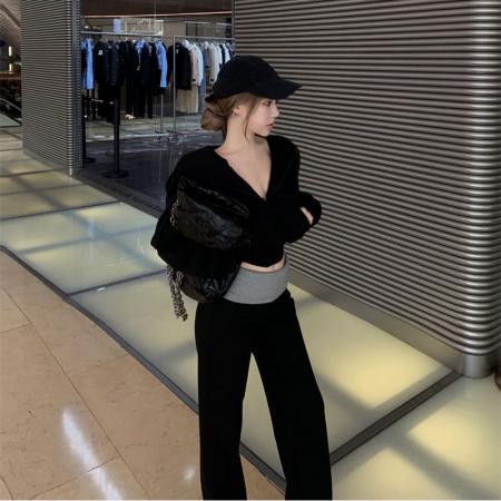 FA45754# 辣妹运动风连帽拉链长袖休闲卫衣外套上衣女撞色微喇拖地裤一整套 服裝批發女裝批發服飾貨源