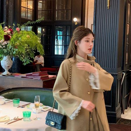 FA45755# 英伦风千金蝴蝶结立领风衣外套女装秋季新款小个子中长卡其色大衣 服裝批發女裝批發服飾貨源