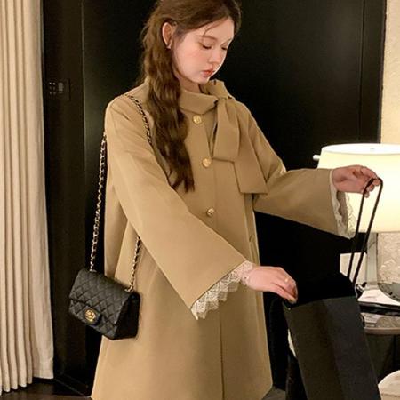 FA45755# 英伦风千金蝴蝶结立领风衣外套女装秋季新款小个子中长卡其色大衣 服裝批發女裝批發服飾貨源