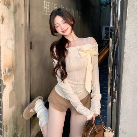 FA45756# 可拆蝴蝶结长袖女秋季修身甜美内搭设计感打底衫上衣 服裝批發女裝批發服飾貨源