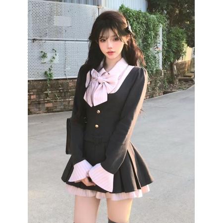 FA45758# 失落乐园纯欲短裙春秋季收腰显瘦甜美学院风撞色拼接百褶连衣裙女 服裝批發女裝批發服飾貨源