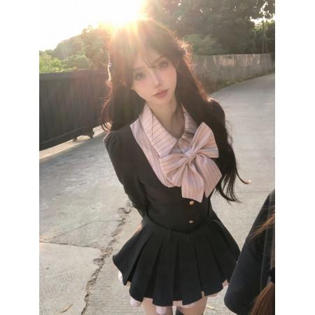 FA45758# 失落乐园纯欲短裙春秋季收腰显瘦甜美学院风撞色拼接百褶连衣裙女 服裝批發女裝批發服飾貨源