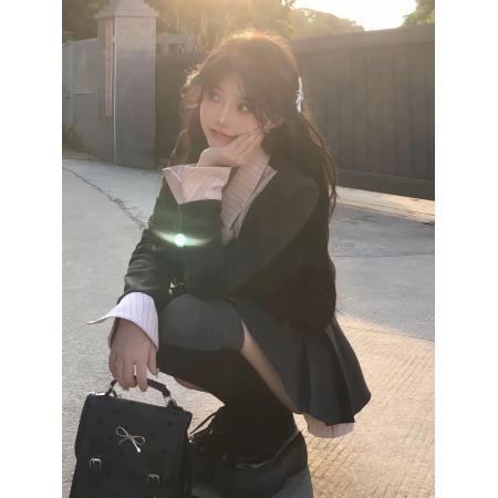 FA45758# 失落乐园纯欲短裙春秋季收腰显瘦甜美学院风撞色拼接百褶连衣裙女 服裝批發女裝批發服飾貨源