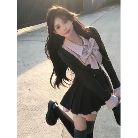 FA45758# 失落乐园纯欲短裙春秋季收腰显瘦甜美学院风撞色拼接百褶连衣裙女 服裝批發女裝批發服飾貨源