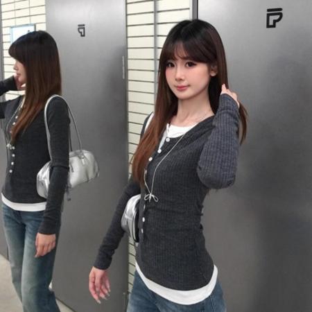 FA45763# 假两件拼接撞色长袖打底衫女秋季新款 服裝批發女裝批發服飾貨源