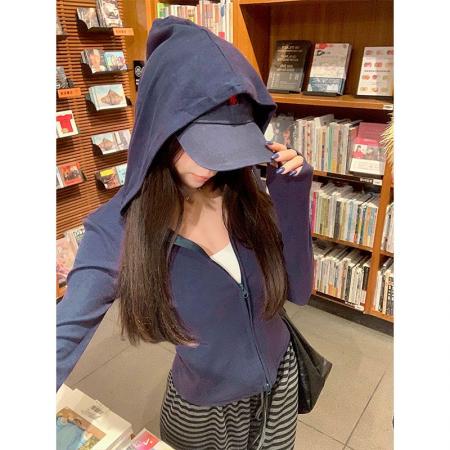 FA45764# 甜辣藏青连帽卫衣外套女秋季新款修身显瘦百搭双拉链长袖上衣 服裝批發女裝批發服飾貨源