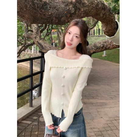 FA45766# 一字肩木耳边打底衫女春秋纯欲内搭毛衣开叉针织上衣 服裝批發女裝批發服飾貨源